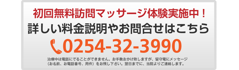 初回無料体験施術実施中!詳しい料金説明やお問合せはこちら0254-32-3990