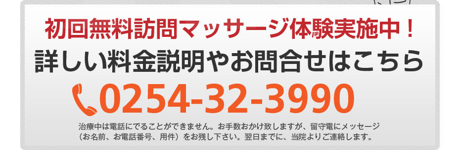 初回無料訪問マッサージ体験実施中!詳しい料金説明やお問合せはこちら0254-32-3990